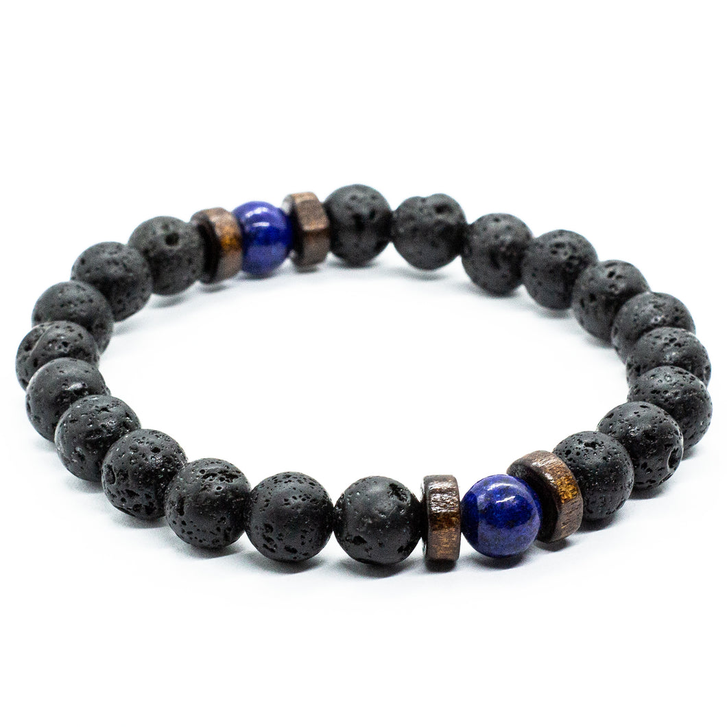 Bratara barbati Lerods cu pietre naturale vulcanice lava stone si lapis lazuli, culoare negru cu albastru